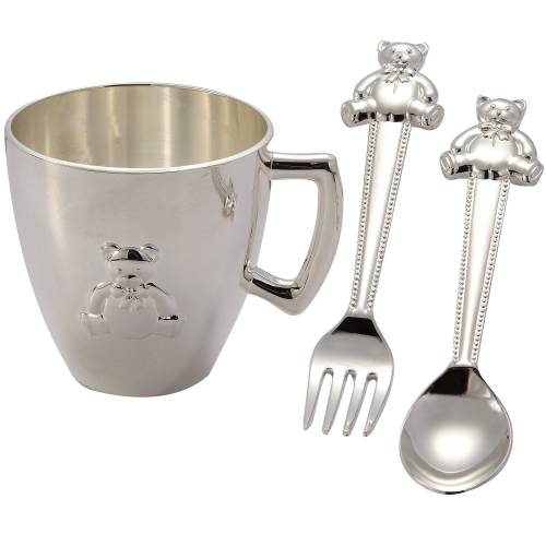 SILVERPLATED FORK, SPOON & BABY CUP