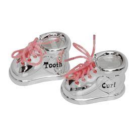SILVERPLATED FIRST TOOTH & CURL BOOTEES PINK & BLUE LACES