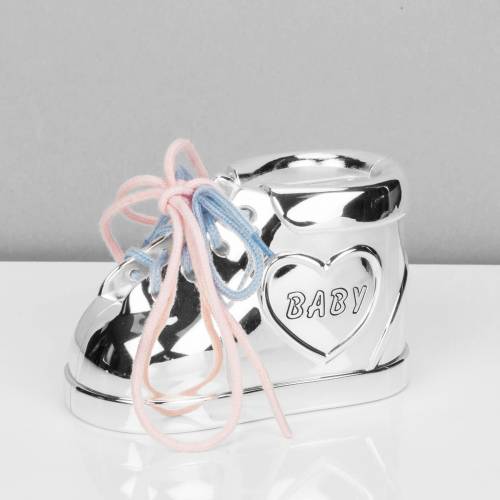BAMBINO SILVERPLATED BABY BOOTIE MONEY BOX PINK & BLUE LACE