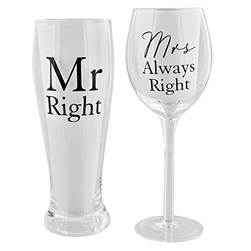 AMORE WINE & PINT GLASS SET MR RIGHT/ MRS ALWAYS RIGHT