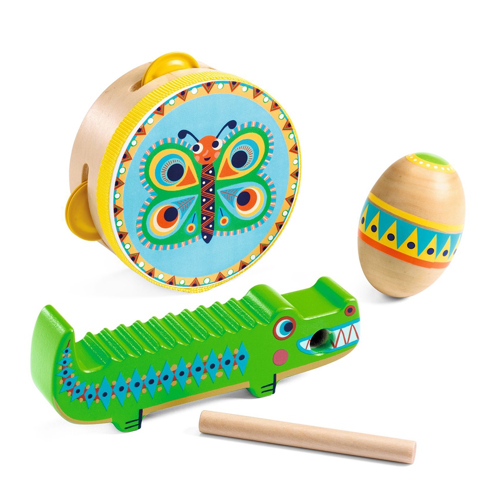 DJECO SET OF PERCUSSIONS: TAMBOURINE, MARACAS, GUIRO