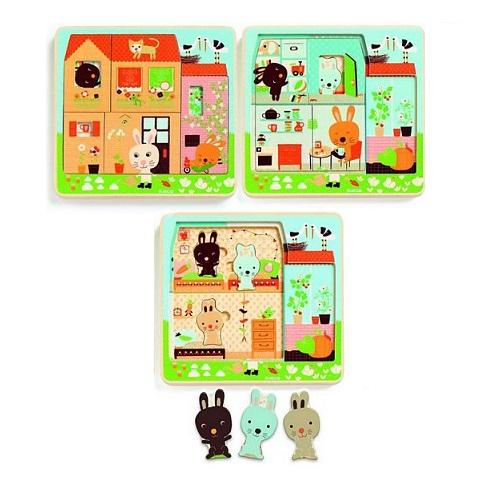 Djeco 3 layers wooden puzzles 3 layers puzzle - Rabbit cottage