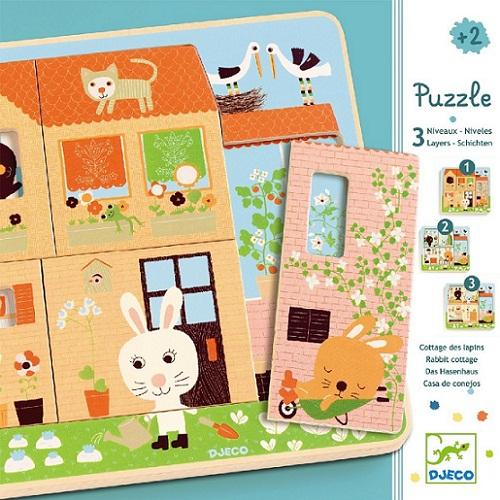 Djeco 3 layers wooden puzzles 3 layers puzzle - Rabbit cottage